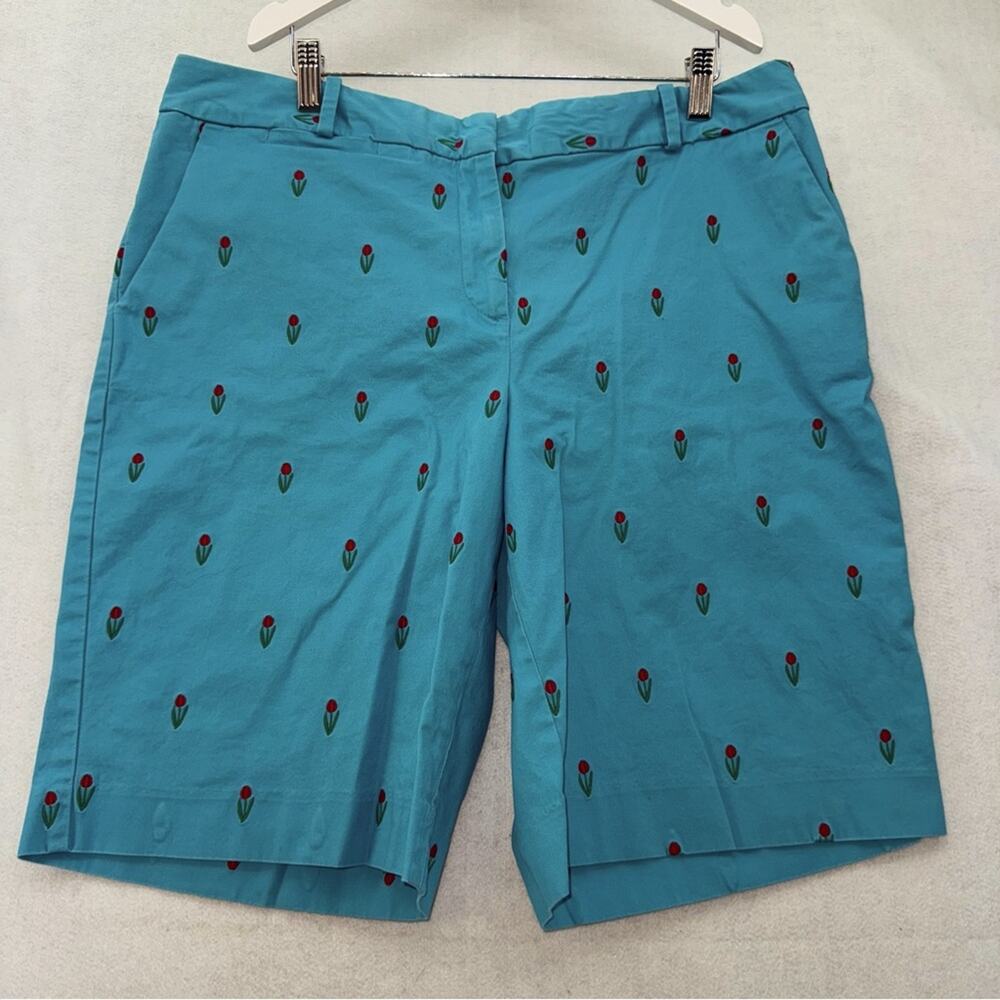 EUC Womens Talbots Embroidered Tulip Flat Front Perfect Shorts Teal Blue size 14